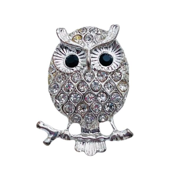 Owl Silvertone Rhinestone Ring Size 6 - Picture 2 of 8